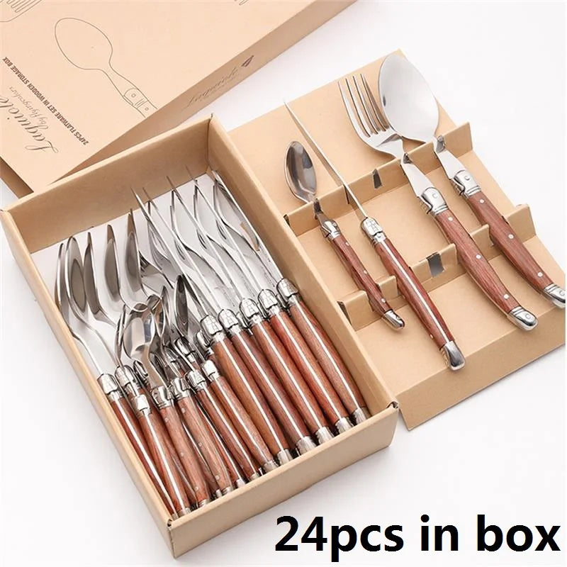4-24PCS Laguiole Luxury Cutlery Set Rose Wood Handle Stainless Steel Dinnerware | Free Shipping