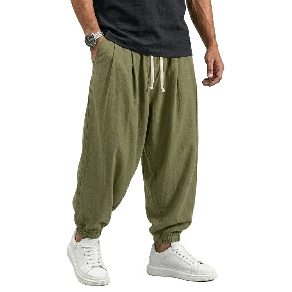 Korean Linen Cotton Pants Men's Gym Man Trousers Casual Work Pants Man Spring Harem Pants Autumn Drawstring Loose Streetwear Man