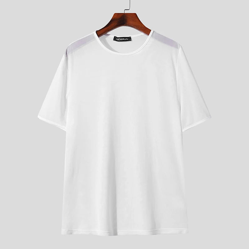 INCERUN Men's Mesh Transparent T-Shirt O-Neck Short Sleeve Sexy Streetwear Solid Color Tee S-3XL