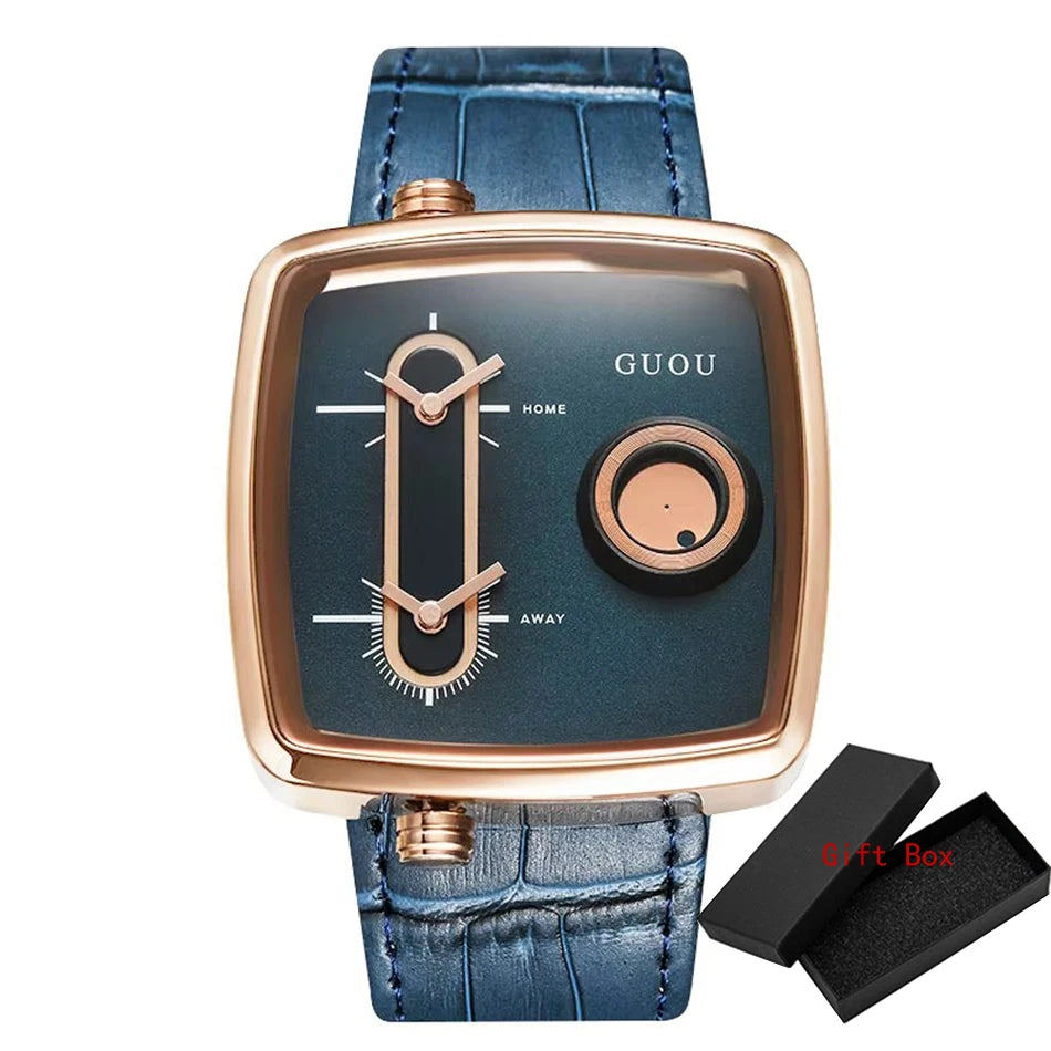 GUOU Unisex Square Quartz Watch | Dual Time Zone | Genuine Leather Strap | Water Resistant | Fashion Wristwatch | FREE SHIPPING ⌚✨