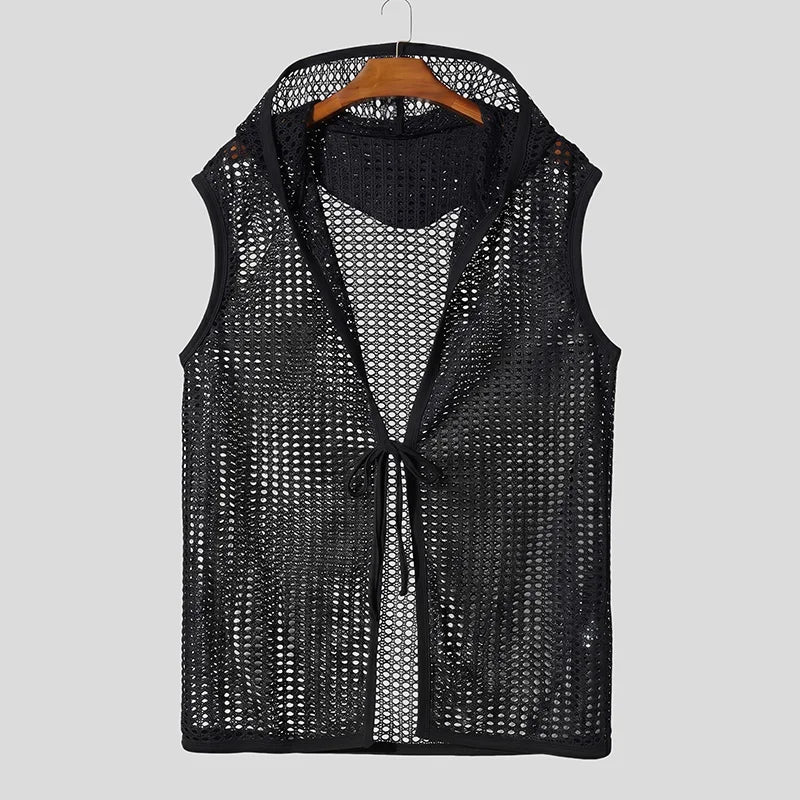 INCERUN Men's Hollow Out Hooded Tank Top | See-Through Lace-Up Sleeveless Vest | Vacation Streetwear | FREE SHIPPING 🌴