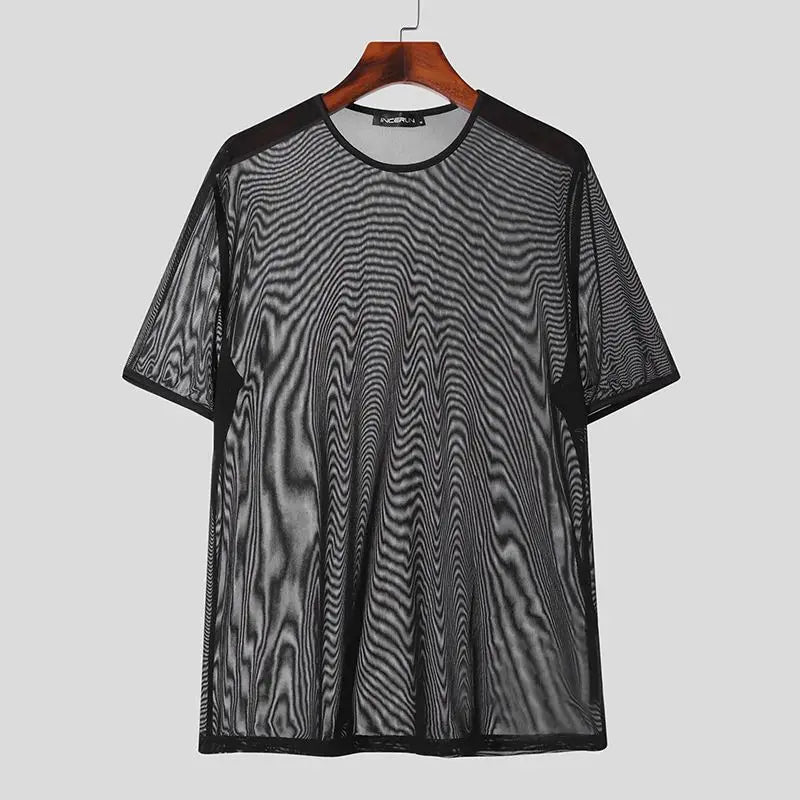 INCERUN Men's Mesh Transparent T-Shirt O-Neck Short Sleeve Sexy Streetwear Solid Color Tee S-3XL