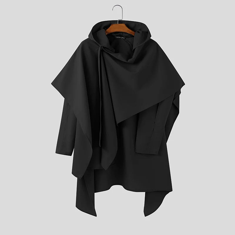 INCERUN Men's Hooded Irregular Cloak Poncho Long Sleeve Hollow Out Cape