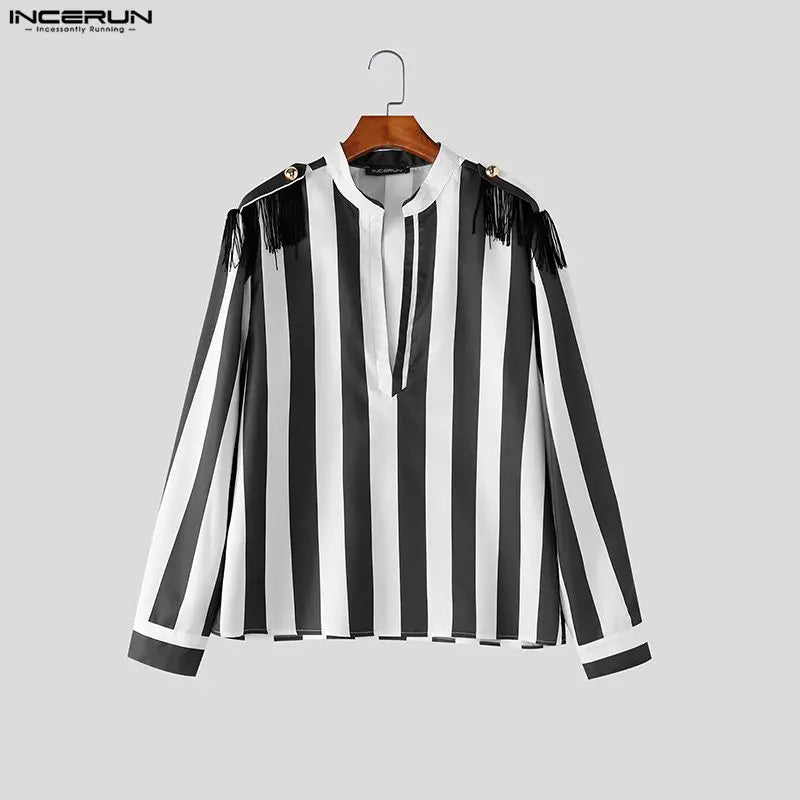INCERUN Men's Tassel Striped Patchwork Shirt | V-Neck Long Sleeve Streetwear Top | Casual Fashion | FREE SHIPPING 👕🔥