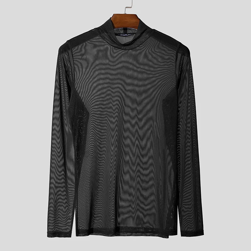 Men's Mesh Long Sleeve Turtleneck T-Shirt See Through Slim Fit Casual Streetwear Top