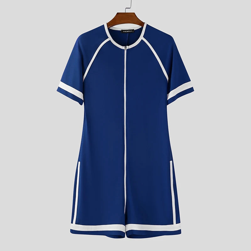 Men's Patchwork Bodysuit Short Sleeve O-Neck Zipper Romper Casual Workout Playsuit