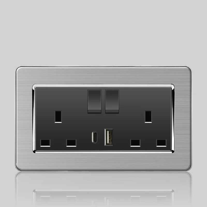 Wall LED Light Universal Switch Stainless steel Panel,EU UK USB Type-c 18W Fast Charging Plug socket 1 2 3 Gang 1 2 Way switch