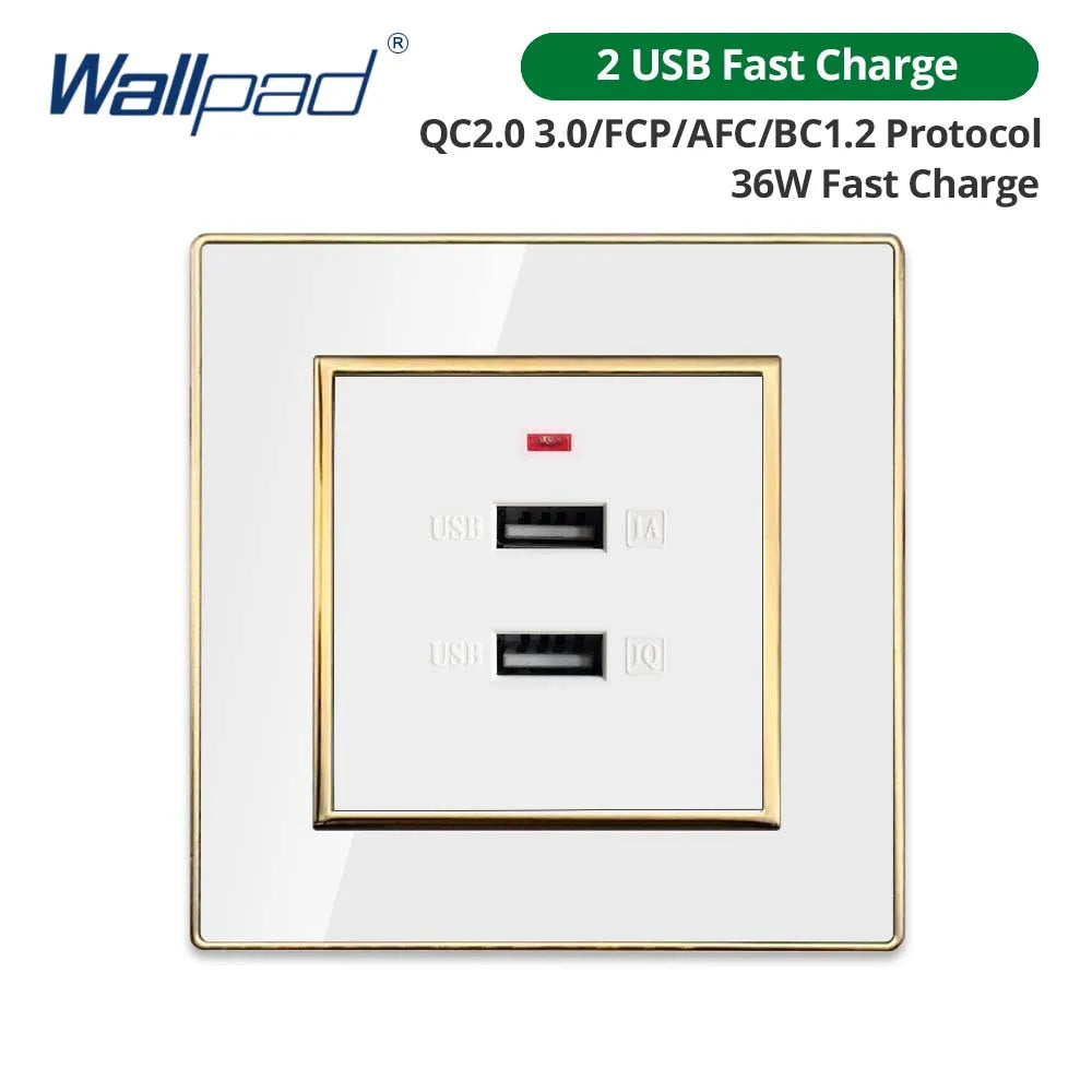 Wallpad White Acrylic Panel With Gold Border 2 Way Wall Light Switch With LED Indicator EU Electric Outlet With USB