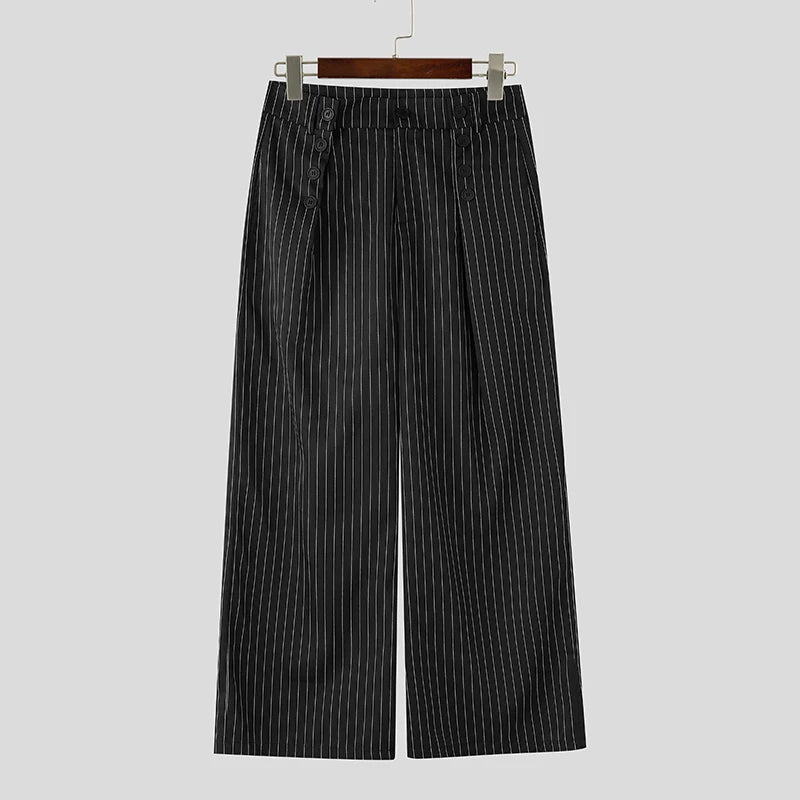 INCERUN Men's Striped Wide Leg Pants — Loose Pleated Casual Streetwear Trousers