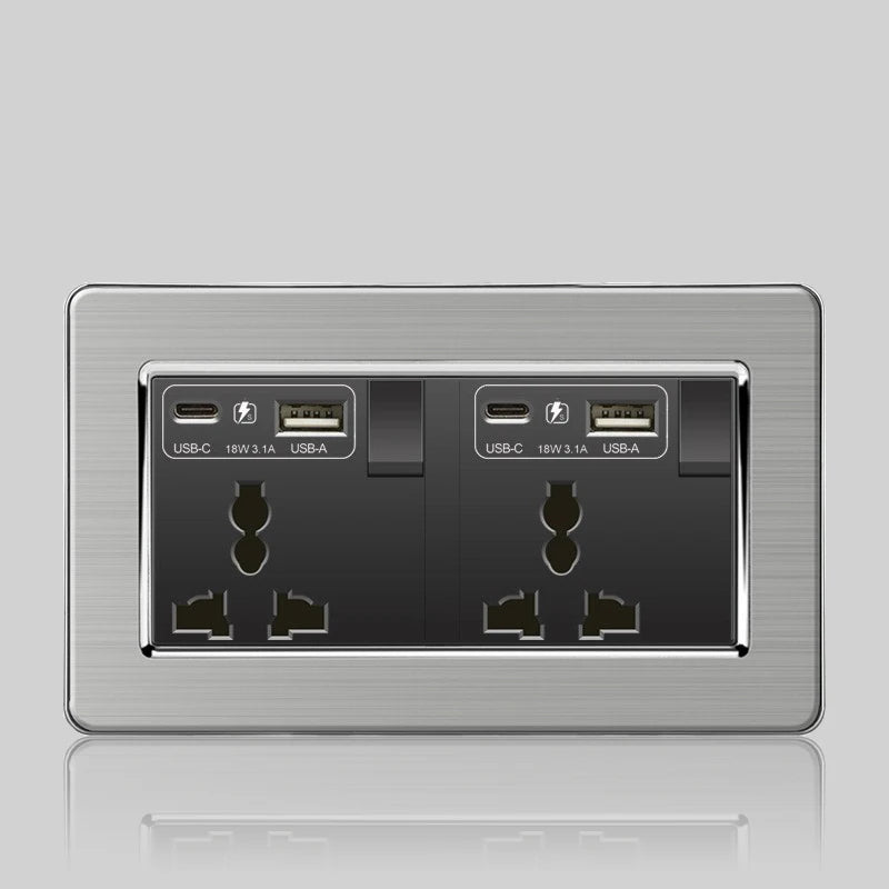 Wall LED Light Universal Switch Stainless steel Panel,EU UK USB Type-c 18W Fast Charging Plug socket 1 2 3 Gang 1 2 Way switch