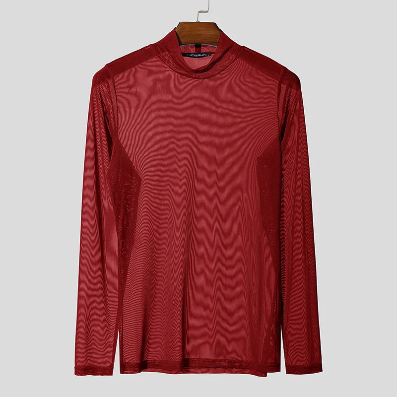Men's Mesh Long Sleeve Turtleneck T-Shirt See Through Slim Fit Casual Streetwear Top