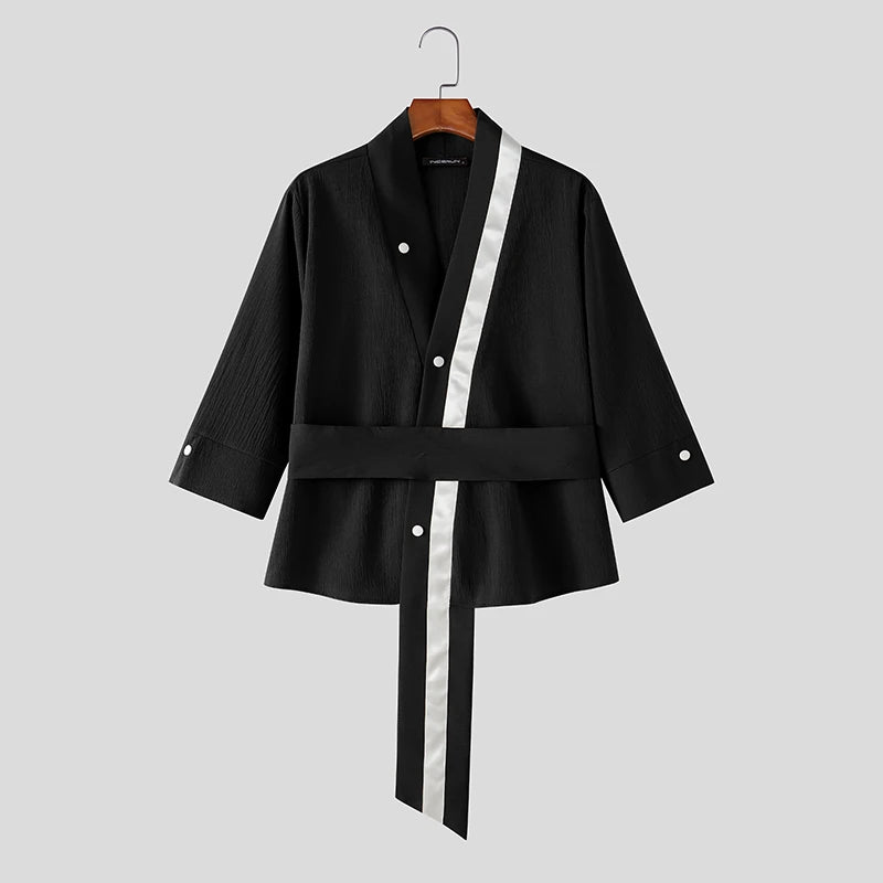 INCERUN Men's Shirt Patchwork V Neck 3/4 Sleeve Casual Irregular Shirts For Man Streetwear 2026 Color-block Fashion Men Clothes