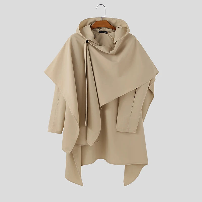 INCERUN Men's Hooded Irregular Cloak Poncho Long Sleeve Hollow Out Cape