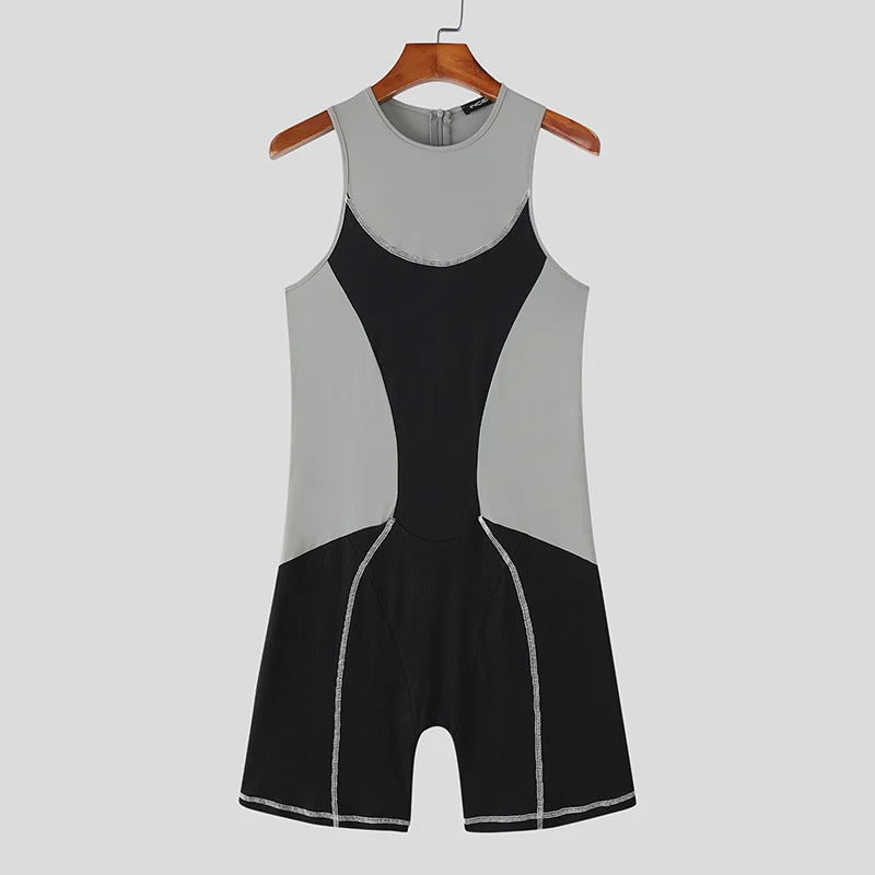 Bodysuits Patchwork Color-block O-neck Sleeveless Male Rompers Playsuits Streetwear Workout