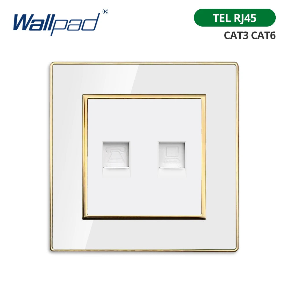 Wallpad White Acrylic Panel With Gold Border 2 Way Wall Light Switch With LED Indicator EU Electric Outlet With USB