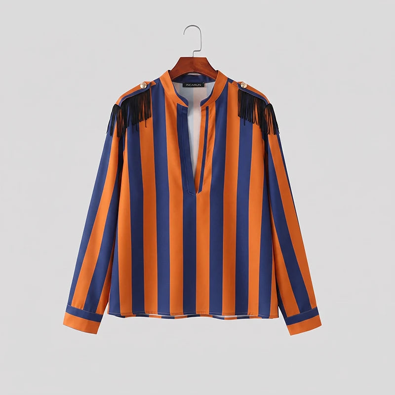 INCERUN Men's Tassel Striped Patchwork Shirt | V-Neck Long Sleeve Streetwear Top | Casual Fashion | FREE SHIPPING 👕🔥