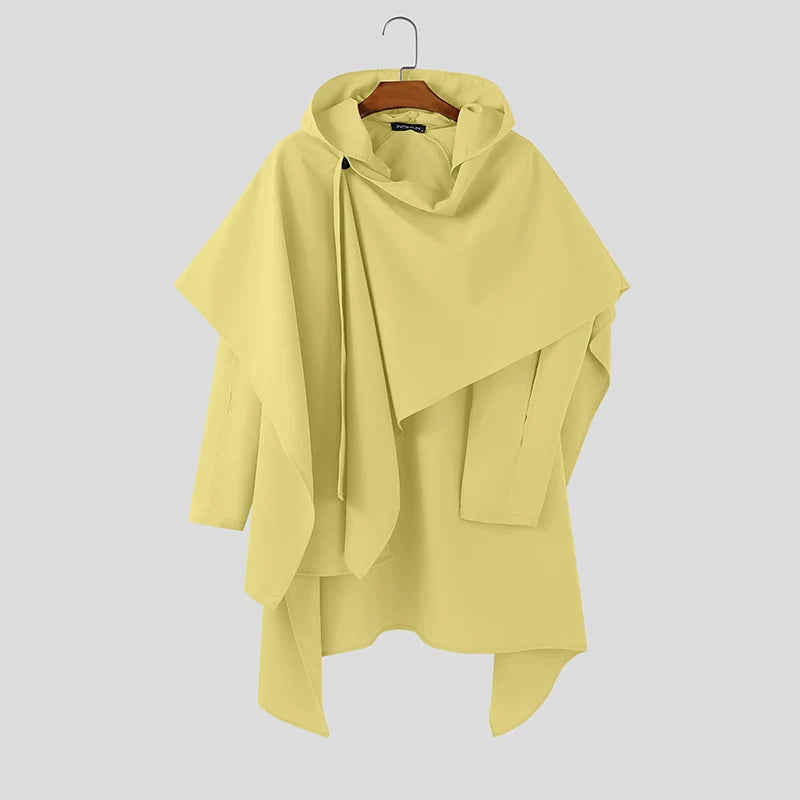 INCERUN Men's Hooded Irregular Cloak Poncho Long Sleeve Hollow Out Cape