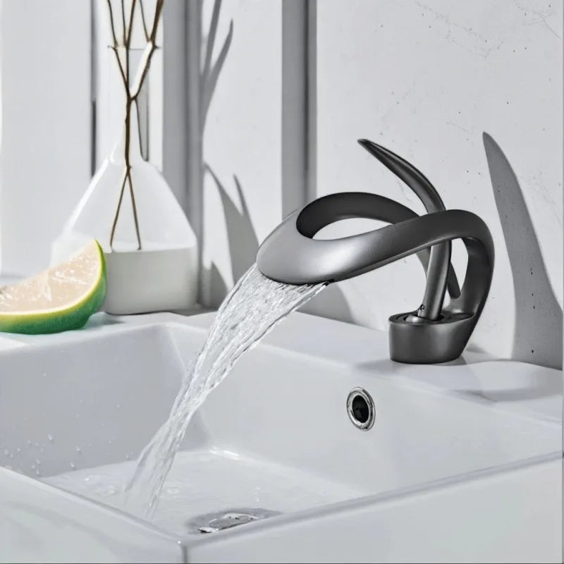 Bathroom Basin Taps Single Handle Waterfall Faucet Solid Brass Basin Mixer Taps Creative Hollowed Out Design Water Tap
