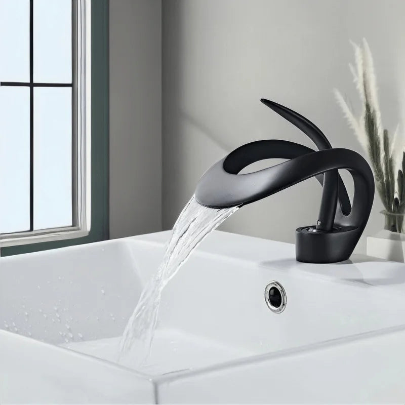 Bathroom Basin Taps Single Handle Waterfall Faucet Solid Brass Basin Mixer Taps Creative Hollowed Out Design Water Tap