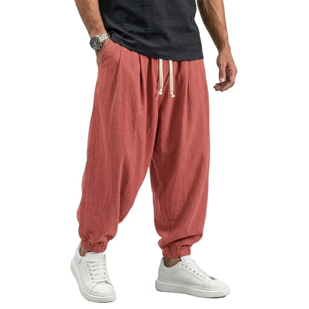Korean Linen Cotton Pants Men's Gym Man Trousers Casual Work Pants Man Spring Harem Pants Autumn Drawstring Loose Streetwear Man