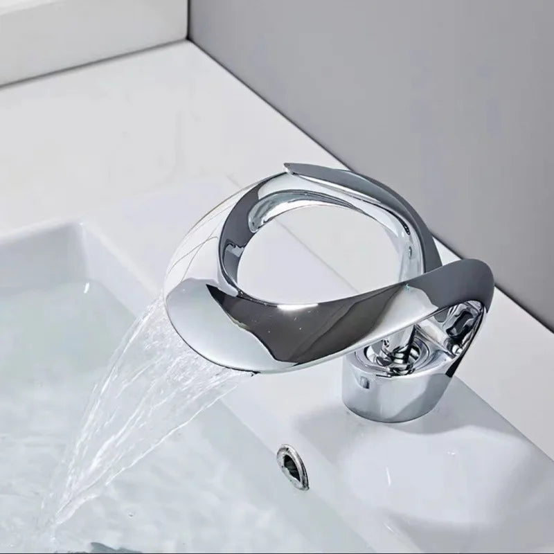 Bathroom Basin Taps Single Handle Waterfall Faucet Solid Brass Basin Mixer Taps Creative Hollowed Out Design Water Tap