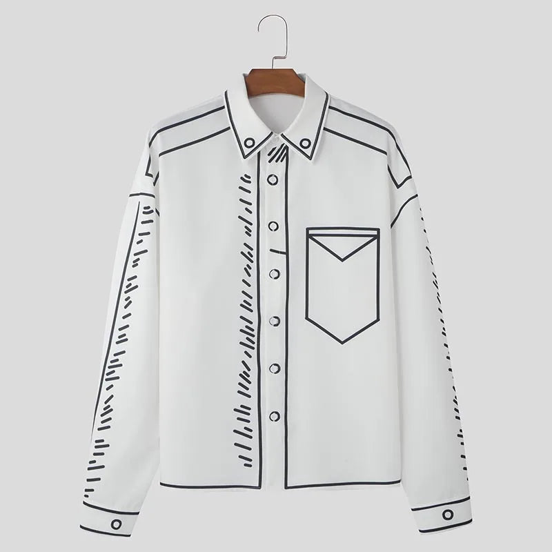 INCERUN Handsome Men Tops 2024 Manga Cartoon Printed Line Shirt Fashion Male Streetwear Hot Sale Loose Long Sleeved Blouse S-5XL