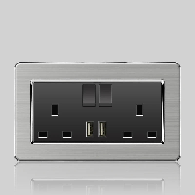 Wall LED Light Universal Switch Stainless steel Panel,EU UK USB Type-c 18W Fast Charging Plug socket 1 2 3 Gang 1 2 Way switch