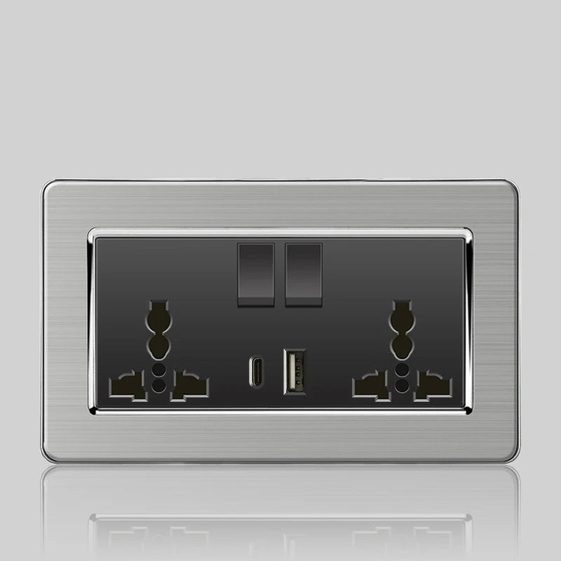 Wall LED Light Universal Switch Stainless steel Panel,EU UK USB Type-c 18W Fast Charging Plug socket 1 2 3 Gang 1 2 Way switch