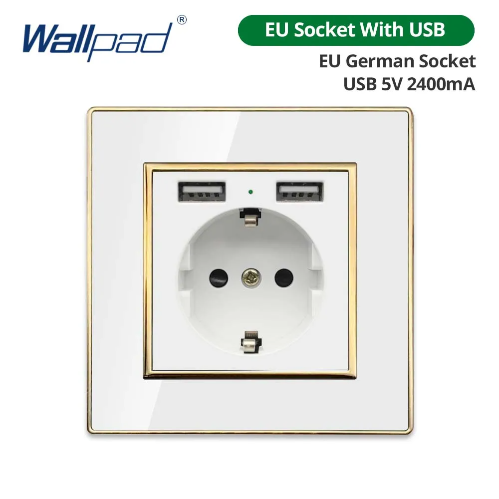 Wallpad White Acrylic Panel With Gold Border 2 Way Wall Light Switch With LED Indicator EU Electric Outlet With USB