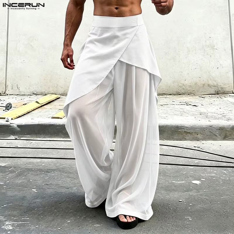 Men's Mesh Patchwork Wide Leg Pants Loose Fit See-Through Streetwear Trousers