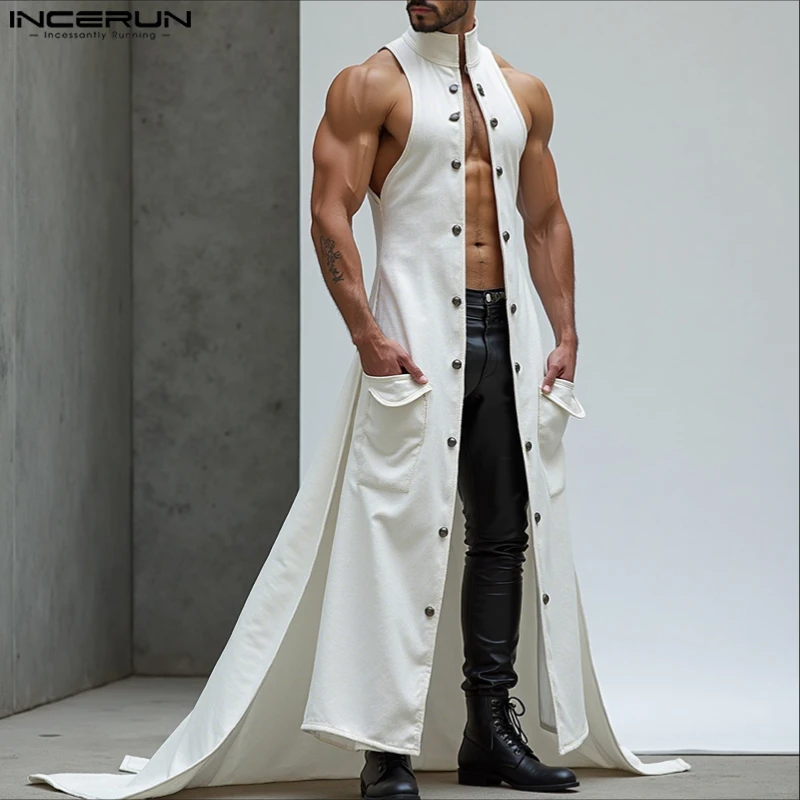 INCERUNMen's Longline Stand Collar Vest Sleeveless Button Front Irregular Waistcoat Casual Streetwear S-5XL