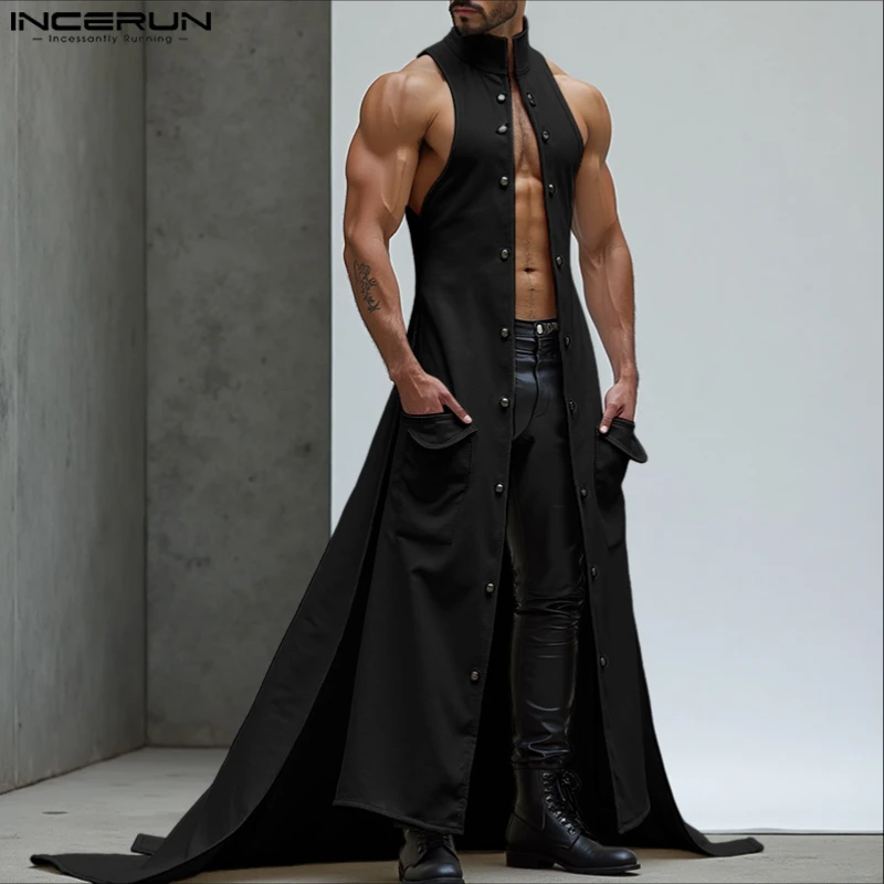 INCERUNMen's Longline Stand Collar Vest Sleeveless Button Front Irregular Waistcoat Casual Streetwear S-5XL