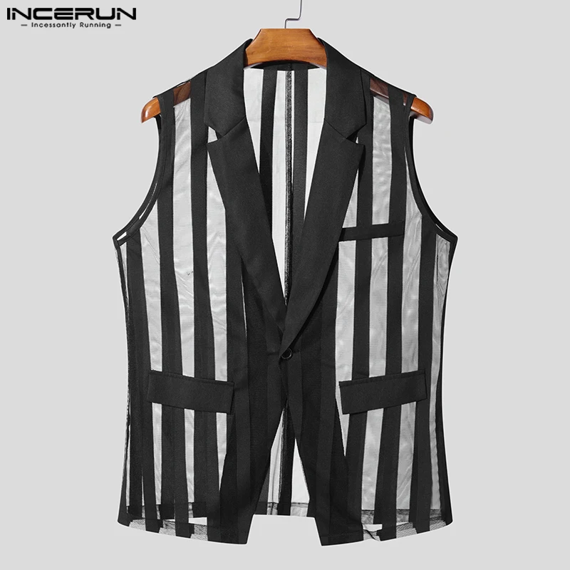 Men Vests Mesh Striped Transparent Sexy Lapel Sleeveless One Button Male Waistcoats Streetwear 2025 Fashion Casual Vests INCERUN