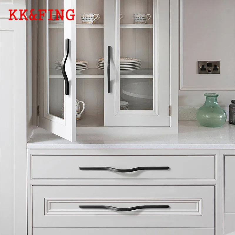 KK&FING Simple Aluminum Alloy Black Furniture Cabinet Door Handles Curved Wardrobe Drawer Cabinet Door Handle Furniture Hardware