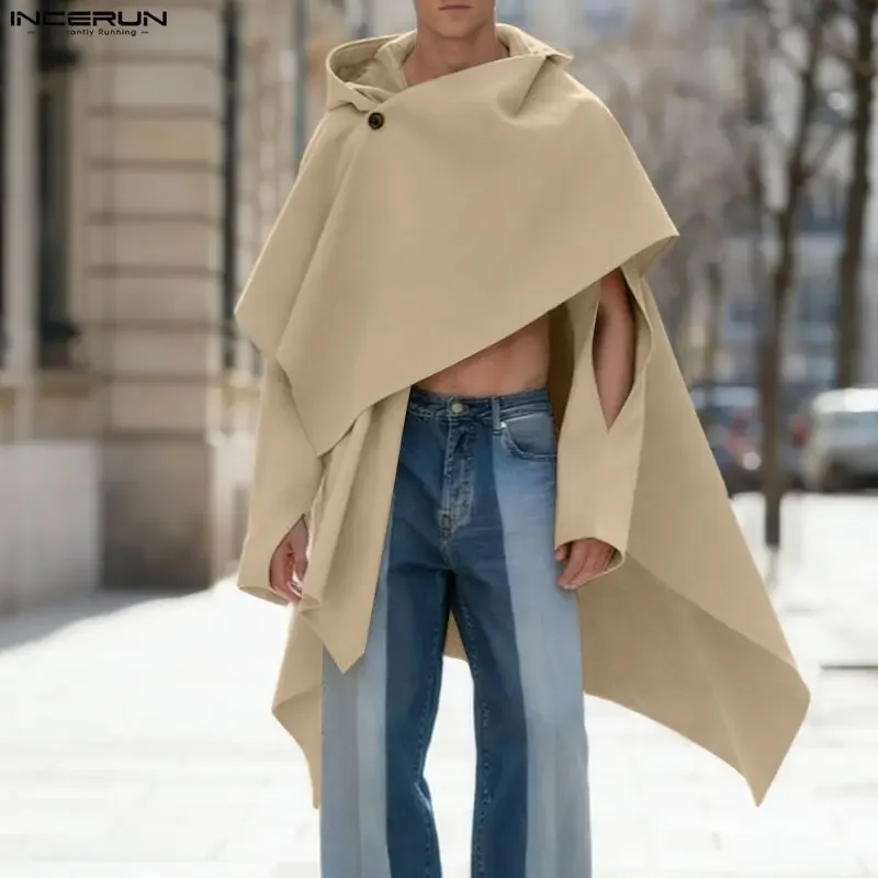 INCERUN Men's Hooded Irregular Cloak Poncho Long Sleeve Hollow Out Cape