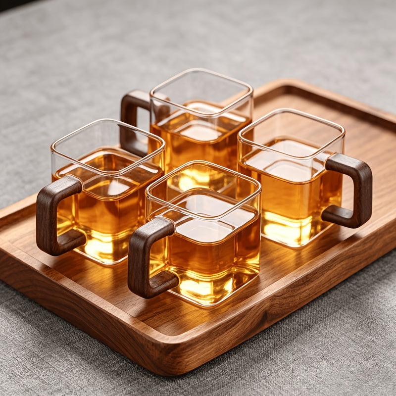 4pcs Set of Ancient Style Glass Tea Cups • Kung Fu Tea Set • Square Handles • Japanese Portable Household Tea Cups • Suitable as Gifts for Christmas, Halloween, and Thanksgiving