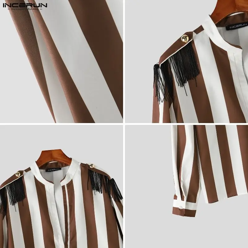 INCERUN Men's Tassel Striped Patchwork Shirt | V-Neck Long Sleeve Streetwear Top | Casual Fashion | FREE SHIPPING 👕🔥