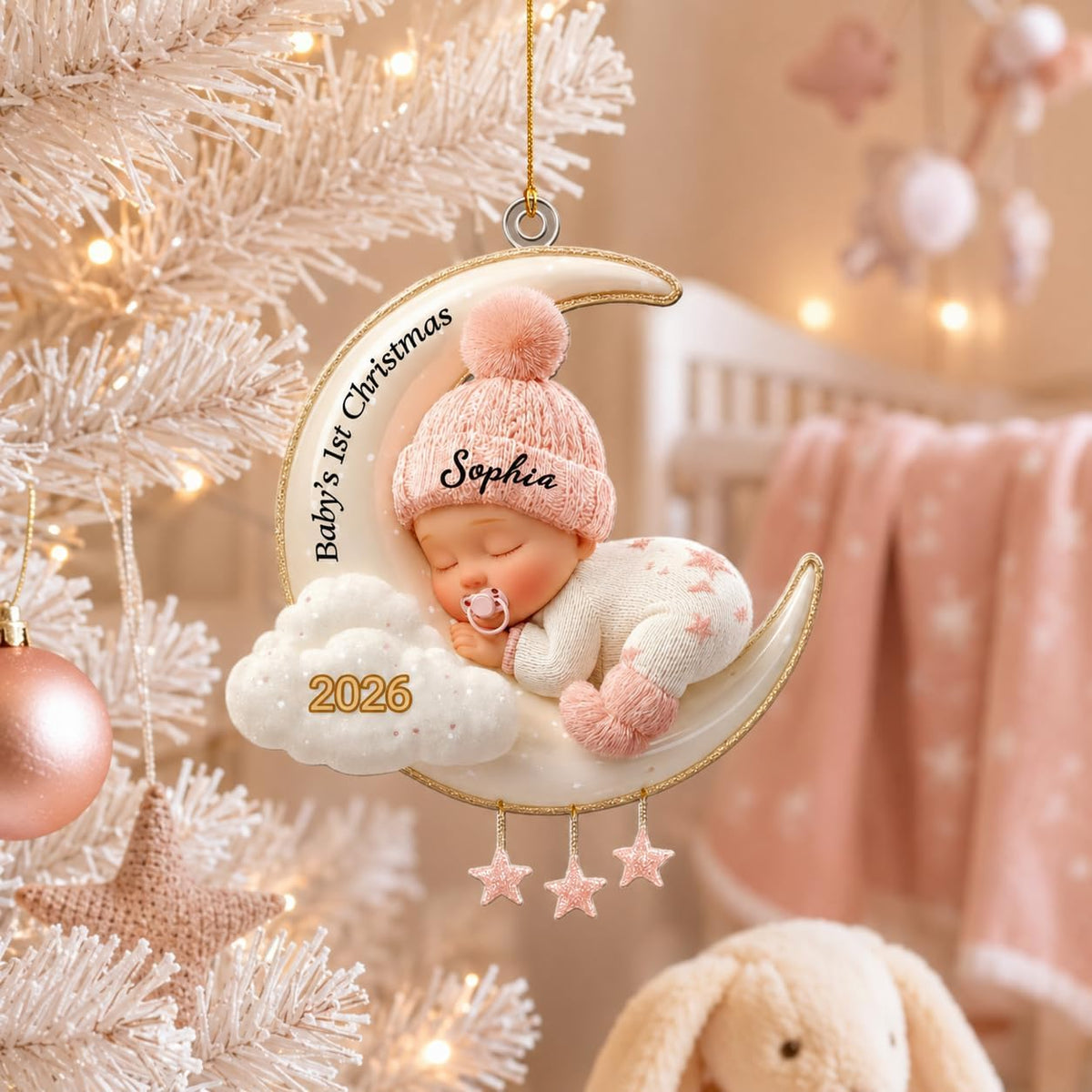 2D Flat,Personalized Baby's First Christmas 2026 ornament with custom baby name and date, sleeping baby design and 2D flat style. Perfect keepsake for parents & grandparents.