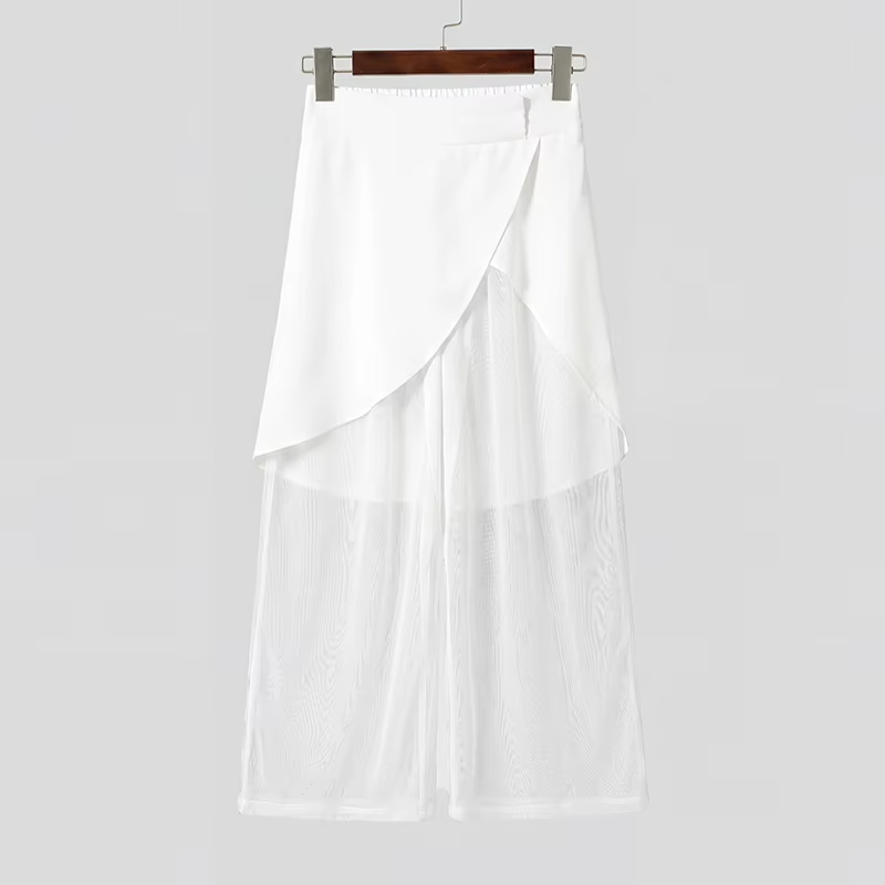 Men's Mesh Patchwork Wide Leg Pants Loose Fit See-Through Streetwear Trousers