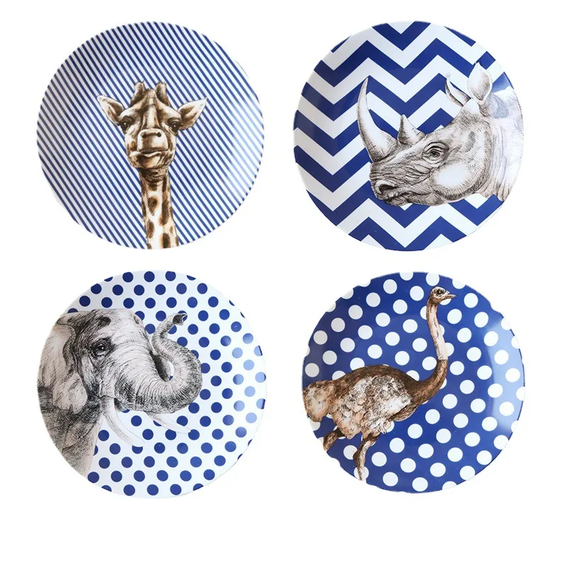 4pcs Creative Animal Giraffe Ostrich Elephant Rhino Ceramic Tableware Set Porcelain Dish Dinner Cake Plate Wall Decorative Plate