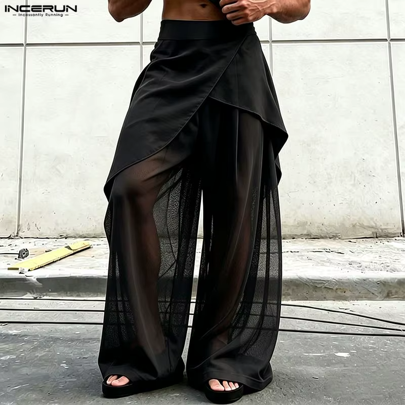 Men's Mesh Patchwork Wide Leg Pants Loose Fit See-Through Streetwear Trousers