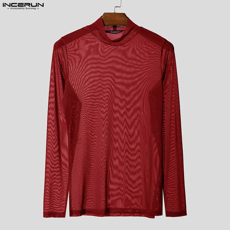 Men's Mesh Long Sleeve Turtleneck T-Shirt See Through Slim Fit Casual Streetwear Top