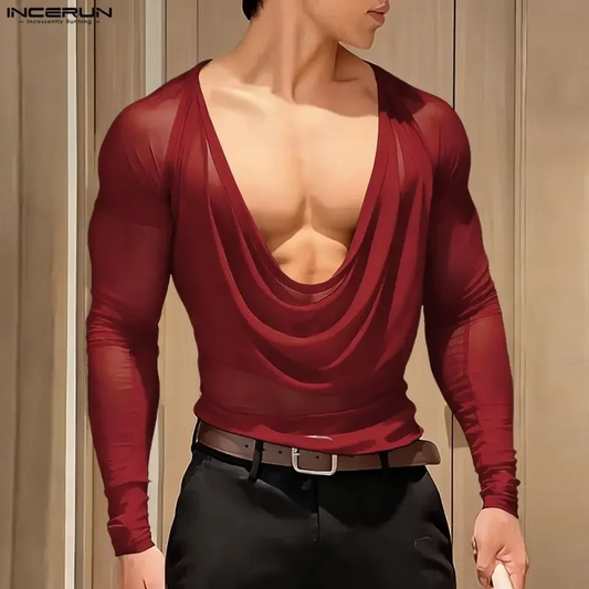 INCERUN Men T Shirt Mesh See Through Sexy Long Sleeve Casual Male Tee Tops Party Nightclub Streetwear Fashion Men Clothing S-5XL