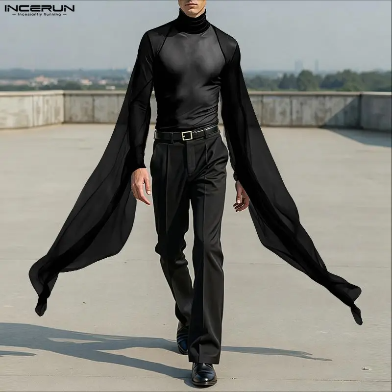 Men T Shirt Mesh Patchwork Turtleneck Long Sleeve See Through Men Clothing Streetwear Sexy Fashion Irregular Tee Tops