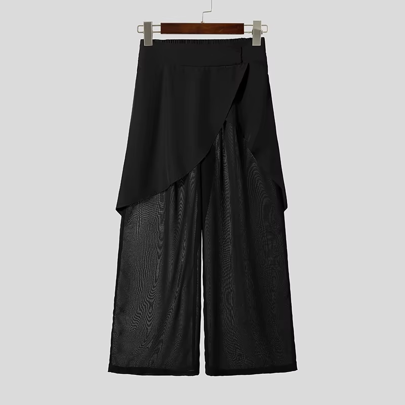 Men's Mesh Patchwork Wide Leg Pants Loose Fit See-Through Streetwear Trousers