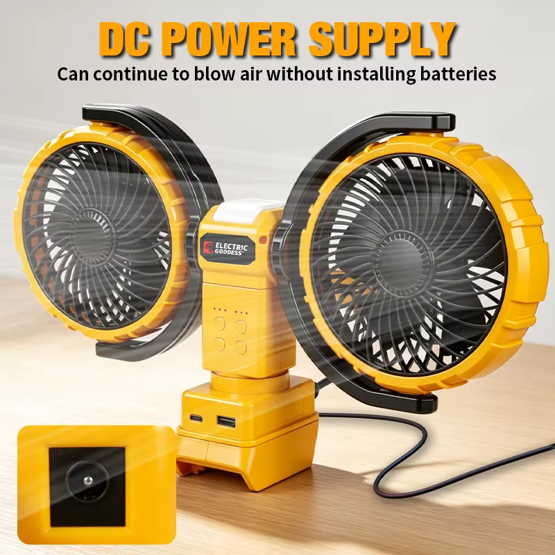 3000RPM Portable Dual Head Fan 360° Rotatable 3-Speeds Powerful Power Cooling Air Fan Low Noise Fan For Dewalt 20V Battery Pin