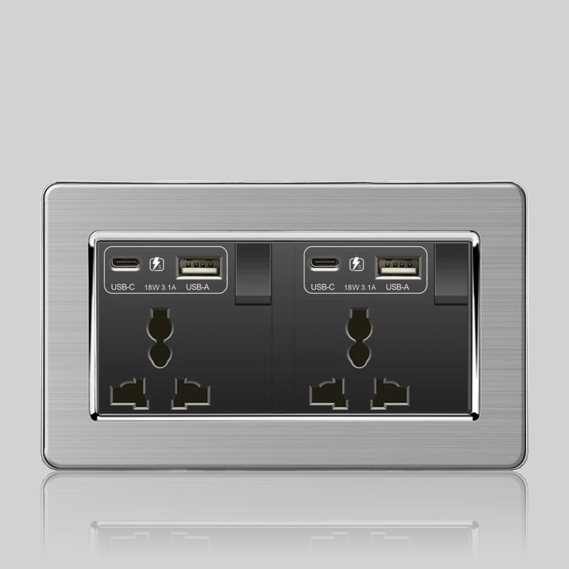 Wall LED Light Universal Switch Stainless steel Panel,EU UK USB Type-c 18W Fast Charging Plug socket 1 2 3 Gang 1 2 Way switch