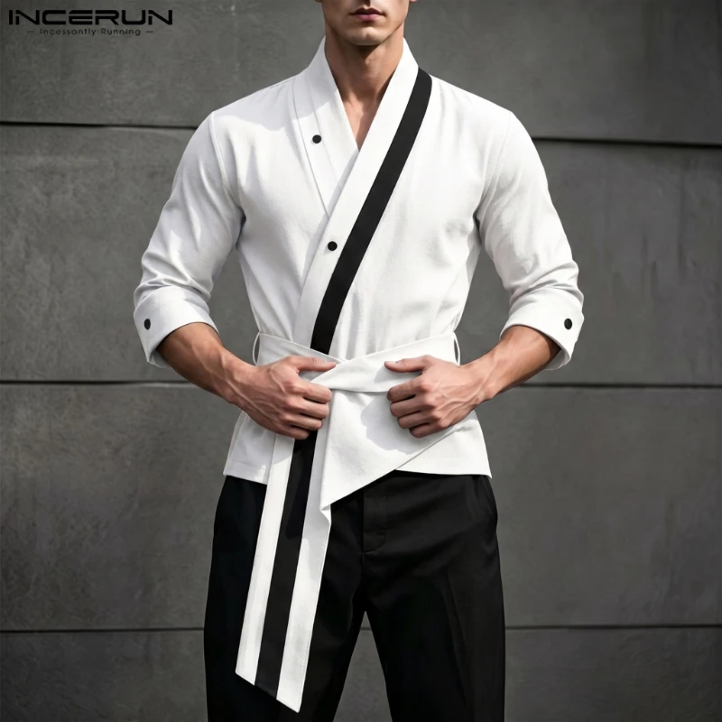 INCERUN Men's Shirt Patchwork V Neck 3/4 Sleeve Casual Irregular Shirts For Man Streetwear 2026 Color-block Fashion Men Clothes