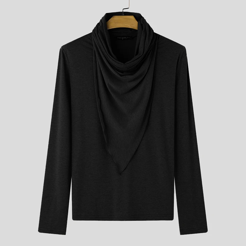Fashion Casual Tops INCERUN New Men Pile Collar Design Ruffle Edge T-shirts Male City Walk Solid All-match Long Sleeved Camiseta
