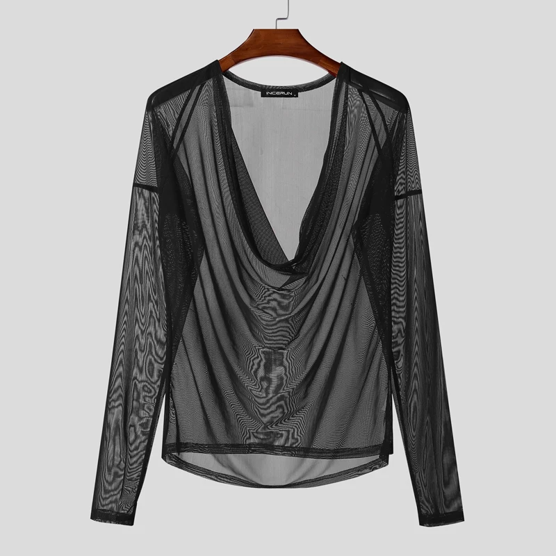 INCERUN Men T Shirt Mesh See Through Sexy Long Sleeve Casual Male Tee Tops Party Nightclub Streetwear Fashion Men Clothing S-5XL